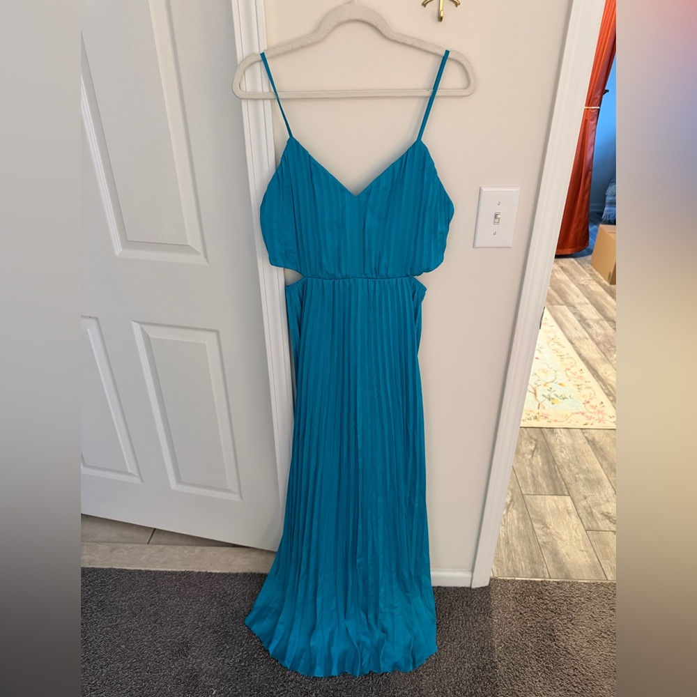 Express teal side cutout pleated maxi dress